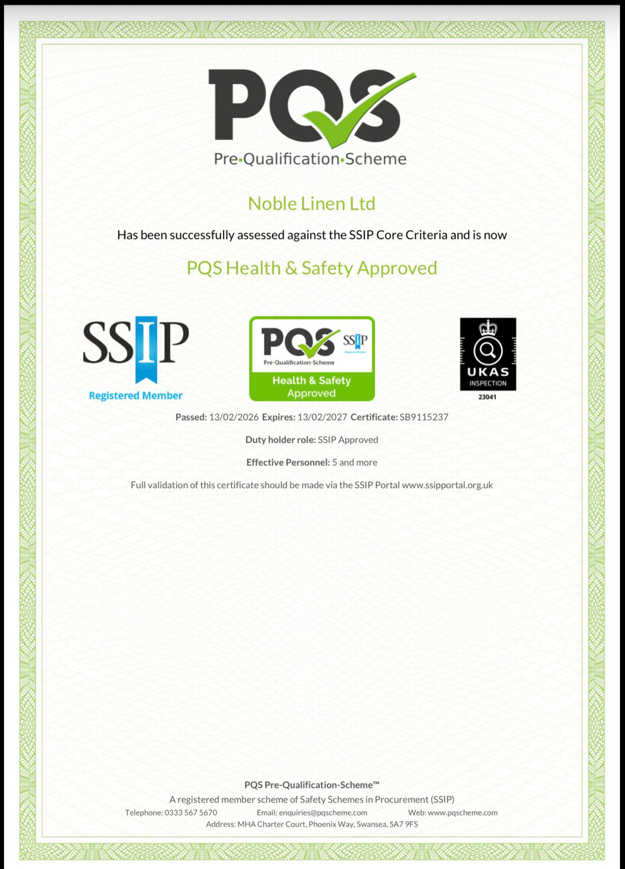 SSIP Health & Safety Approval Certificate